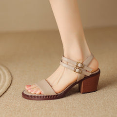 Aiertu  New Fashion Sandals Women Cow Leather Solid Color Magic Strap Elegant Ladies Outdoor Summer Retro High Heel Shoes Handmade Aiertu