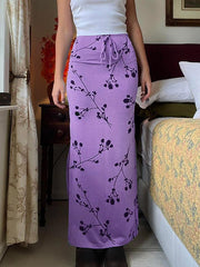 Aiertu  -Floral Print Bow Tie Slit Midi Skirt aiertu