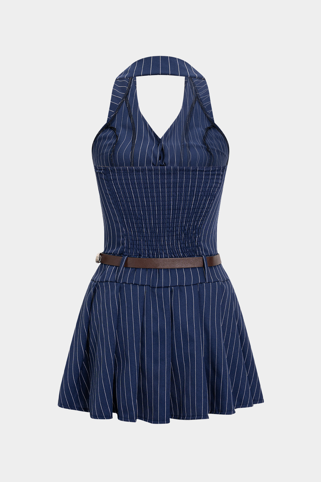 Aiertu  Stripes Print Halter Neck Backless Sleeveless Belted Mini Dress Aiertu