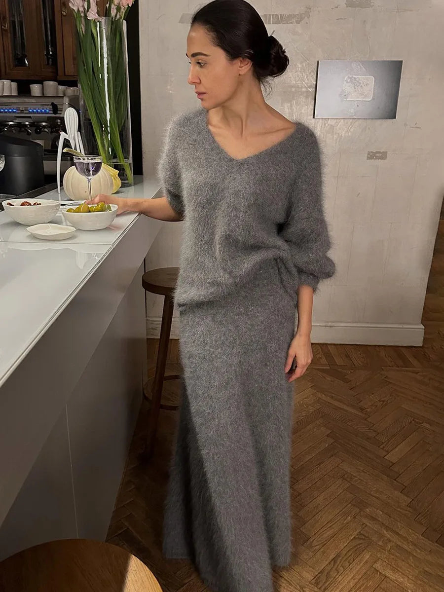 Aiertu  -  Solid Knitted Skirt 2 Piece Set Women Autumn Winter V Neck Long Sleeve Pullover Sweater+Long Skirts Elegant Fashion Vintage Sets Aiertu