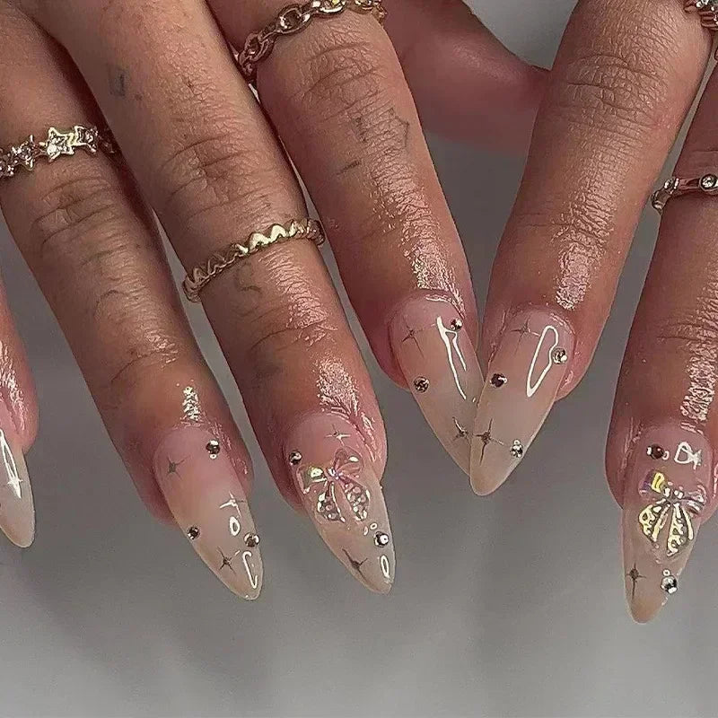 Aiertu 24Pcs Pink Almond French Press on Nails With 3D Bow ripple charms Design Fake Nails Ballerina False Nails Full Cover Nail Tips Aiertu
