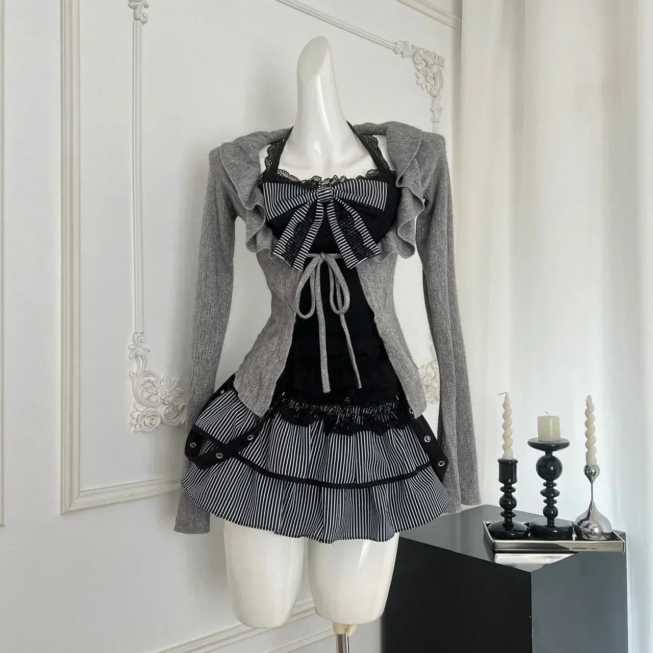 Aiertu new trend inspo Japanese Kawaii Lolita Sweet 3 Piece Set Women Bow Y2k Slim Vest +Casual Cardigan + High Waist Thin Striped Chic Skirt Autumn Aiertu