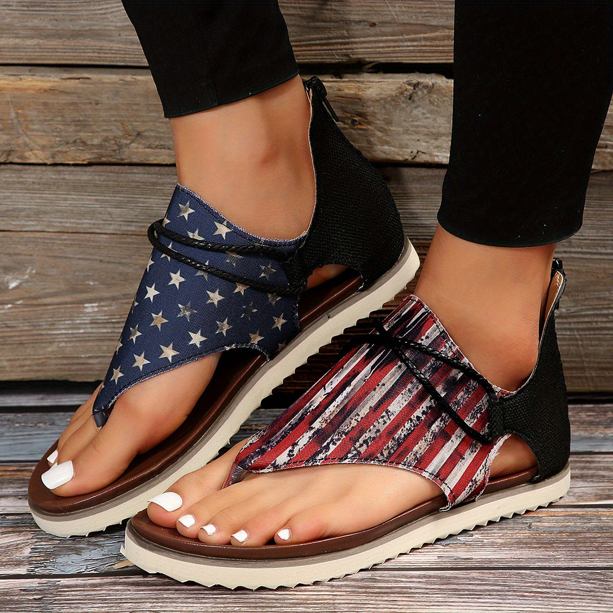 Aiertu [Vintage Gladiator Sandals] Vintage Style Gladiator Sandals - Striped Independence Day Flat Heel with Zip Closure, Split Toe Design, EVA Sole, Faux Cover Insole & Lining Aiertu