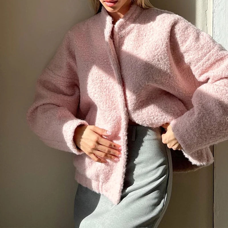 Aiertu  -  Casual Fashion Style Women's Pink Fleece Thick Warm Jackets Simple Elegant Stand Collar Long Sleeve Pockets Loose Fit Coats Aiertu