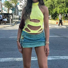 Aiertu  -  party look snspos 2024 Rave Party Holiday Street 2Pcs Matching Outfits Hottie Girls Hole Tank Top+Gradient Half Skirt Sexy Irregular Chic Set Aiertu