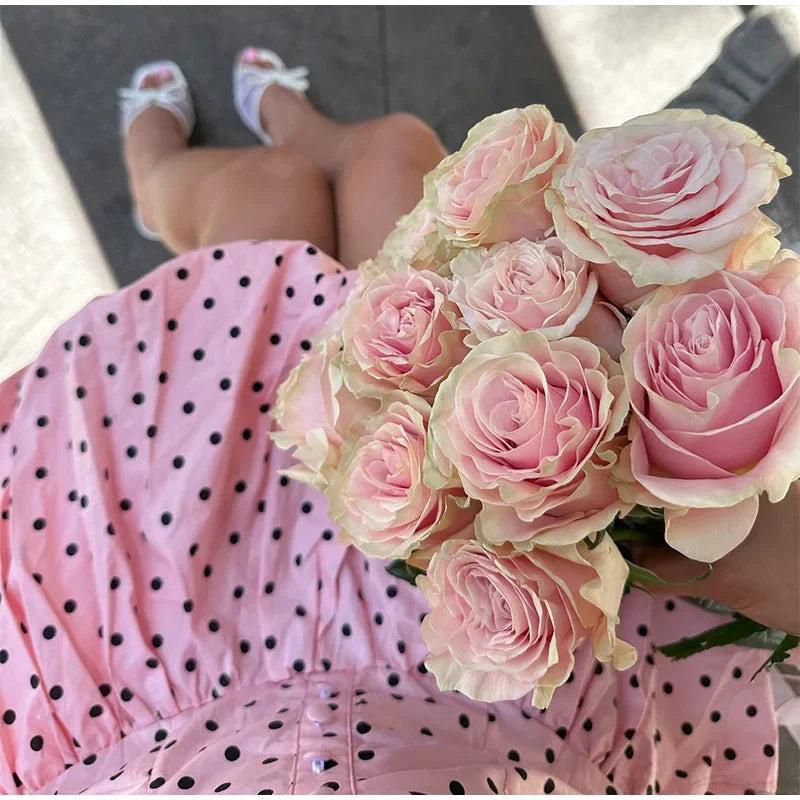 Aiertu  -  Women's Pink Polka Dot Summer Dress 2026 Fashion Puff Hem High Waist Gowns Chic Streetwear Lady Vestidos With Boat Neck Buttons Aiertu