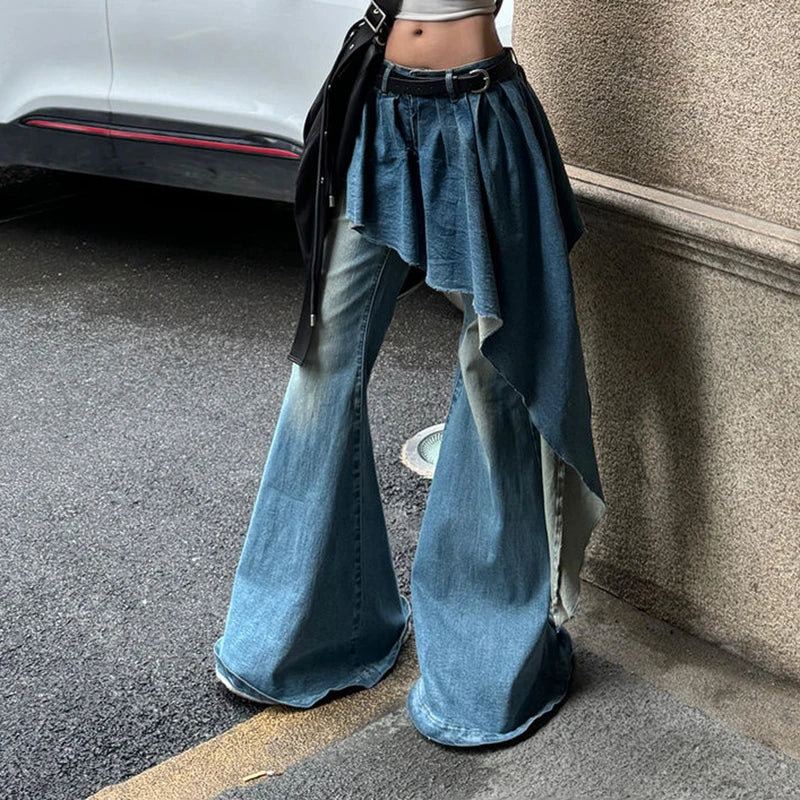 Aiertu Blue Fake Two-piece Jeans Female Autumn and Winter New Retro Niche Design Sense Irregular Skirt Flared Pants Wide-leg Pants Aiertu