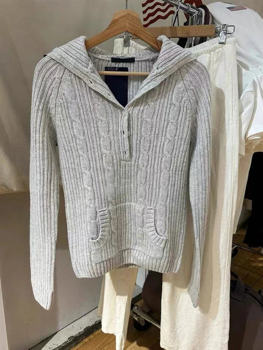 Aiertu  -  Gray Twisted Hooded Sweater Women Winter New Buttons Long Sleeve Pocket Slim Jumper Simple Casual Preppy Style Knitted Pullovers Aiertu