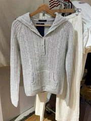 Aiertu  -  Gray Twisted Hooded Sweater Women Winter New Buttons Long Sleeve Pocket Slim Jumper Simple Casual Preppy Style Knitted Pullovers Aiertu