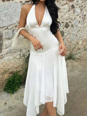 Aiertu  -  Elegant White A-line Dress Summer Sleeveless Deep V-neck Solid Sexy Dresses for Women y2k Holiday Outfits Ladies Casual Aiertu