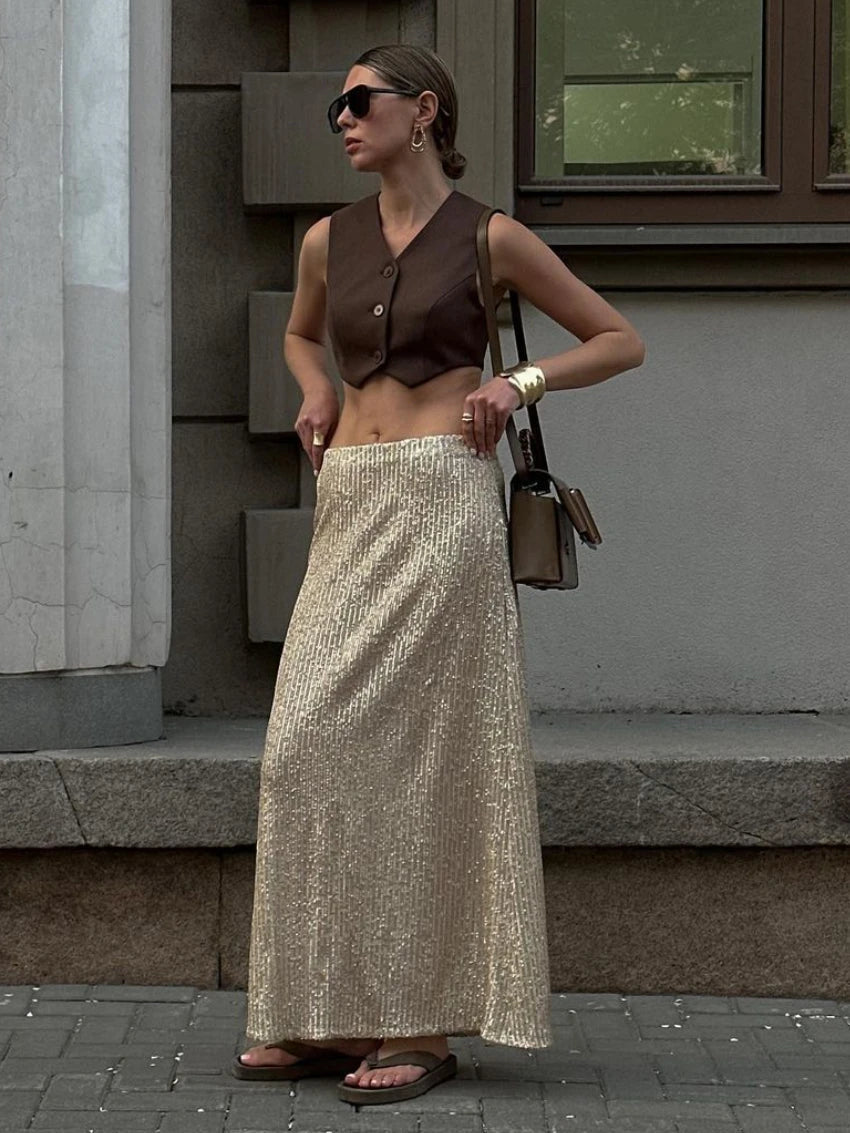 Aiertu  -  Elegant Silk Sequins Women Skirt Dropped Waist Long Skirts Streetwear Classic Skirt Fashion Female Clothing Aiertu