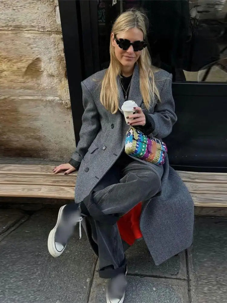 Aiertu  -  Fashion Grey Double-breasted Woolen Overcoat Women Elegant Lapel Long Sleeves Shoulder Pads Coat 2026 New Lady Commute Outerwear Aiertu