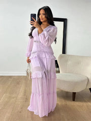 Aiertu  -  Elegant Hollow Lace Patchwork Ruffle Long Dress For Women Sexy Deep V-neck Lantern Sleeves Slim Maxi Dresses Female Party Robes Aiertu