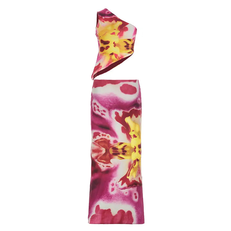 Aiertu  -  Floral Print Two Piece Summer Set One Shoulder Crop Top and Long Skirt Matching Vacation Sets Woman P84-EC39 Aiertu