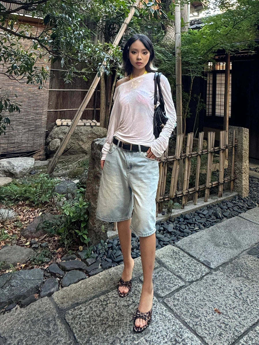 Aiertu  Light Blue Denim Bermuda Pants Women Summer Shorts Bleached Solid Straight Wide Leg Jeans Jorts Holiday Casual Clothes Aiertu