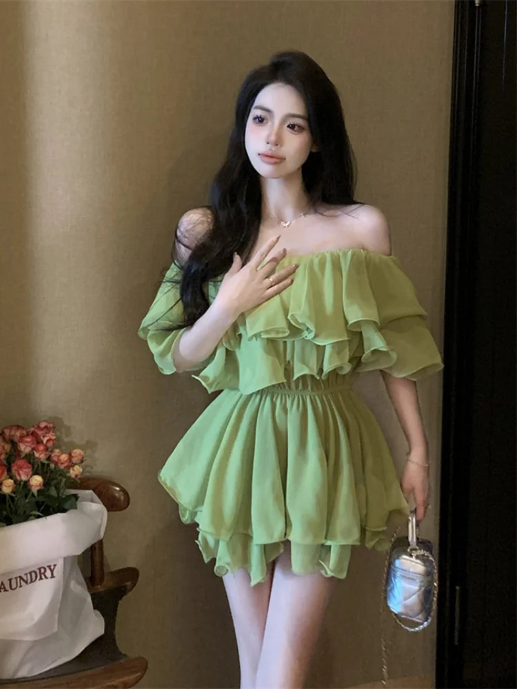 Aiertu Dresses Women Off Shoulder Slash Neck Ruffles Sexy Spring Summer Patchwork Solid Loose Elegant Mini Dress Ladies Fashion Aiertu