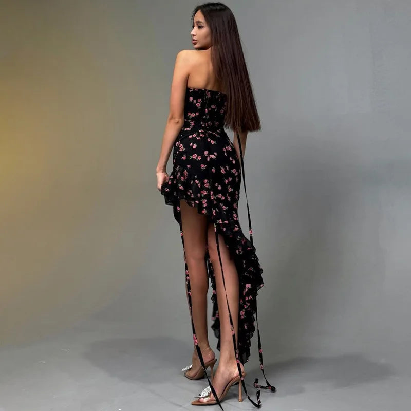 Aiertu  -  Hot Selling Women's Summer New Product Fashionable Printed Sexy Mesh Lace Lace Up Dress Aiertu