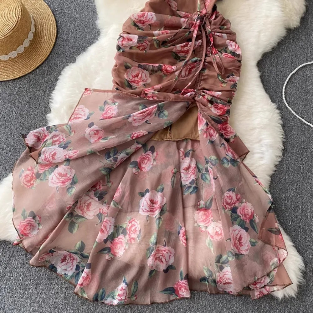 Aiertu  -  Casual Summer V Neck Butterfly Sleeve Print Robe Slim French Style Vintage Bodycon Mujer Mermaid Drawstring Lace Up Dress Aiertu
