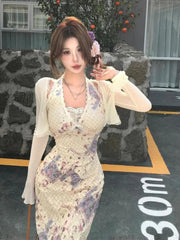 Aiertu  Sexy Two Pieces Set Sun Protection Crop Cardigan + High Waist Halter Print Backless Bandage Drees Femme Outfit Y2k Aesthetic Aiertu