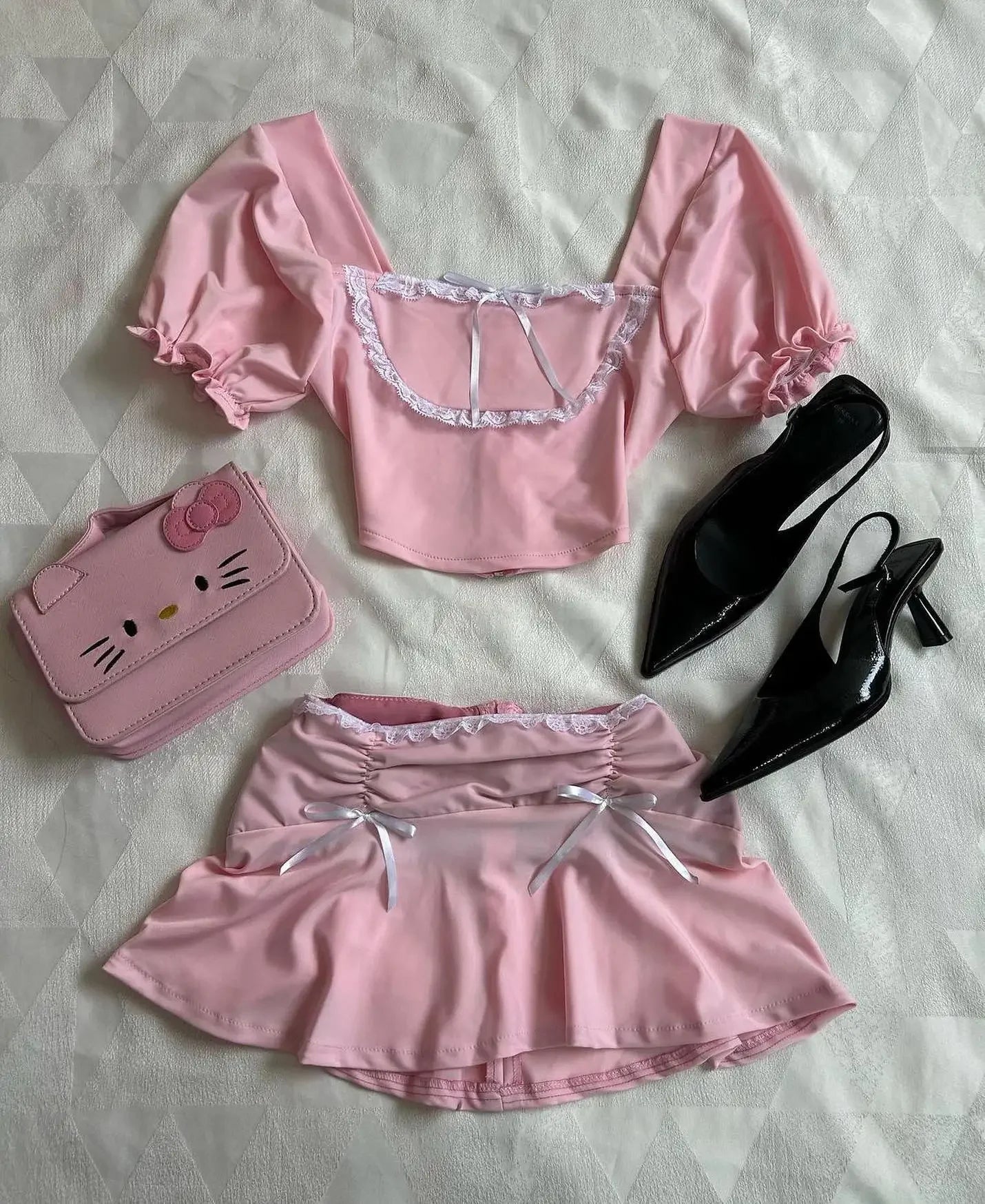 Aiertu  -  Gothic Women's Two-Piece Bow Pink Low-Waisted Mini Skirt Y2K New Harajuku Kawaii Low-Waisted Blouse Casual Joker Street Wear Aiertu