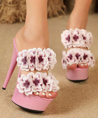 Aiertu  Baby Blue Floral Patchwork Stiletto Heels Classy Slide Sandals Aiertu