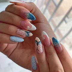 Aiertu  -  24PCS Retro French Fake Nail Art Glitter Simple Blue Sequin Butterfly Designs Almond Detachable Press on Nails Sweet False Nails Aiertu