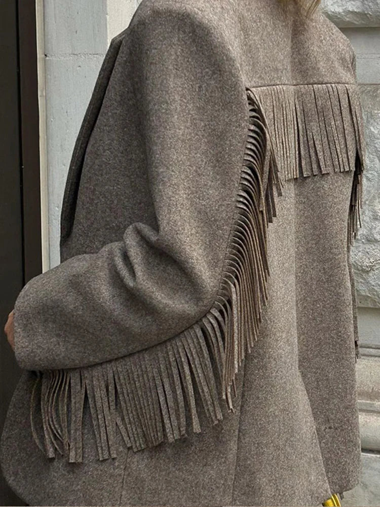 Aiertu  -  Casual Tassels Patchwork Long Sleeves Blazer Women Lapel Single Breasted Buckle Slim Jacket 2026 New Female Commute Outwear Aiertu