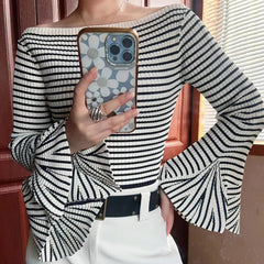 Aiertu  -  Women Classic Chic Striped Flare Sleeve Knit Top Frenchy Style Off Shoulder Oufit Fall Winter Knitwear Aiertu