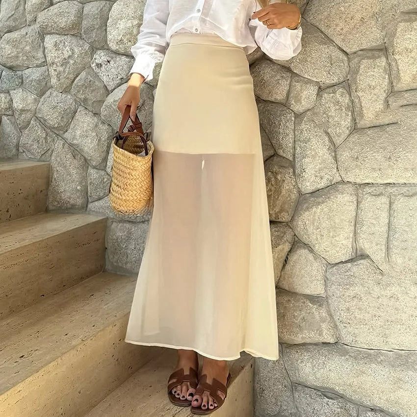 Aiertu  -  Autumn See Through Sexy Long Skirt Women Double-layer Mesh Elegant High Waist Patchwork Fashion Slim Female Long Skirt Aiertu