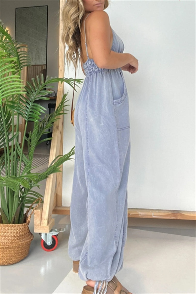 Aiertu  -  Sexy Casual Solid Color Patchwork Backless Spaghetti Strap Fitted Jumpsuits(5 Colors) Aiertu
