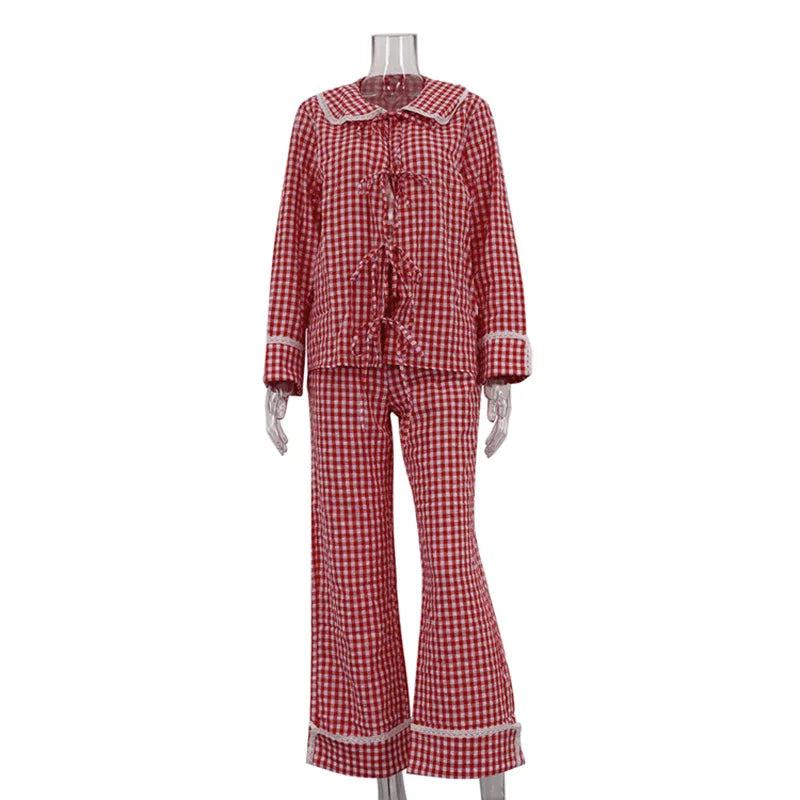 Aiertu  -  Fashion Plaid Long Pants Sets For Women Chic Peter Pan Collar Lace Up Shirt Wide Leg Pant 2 Pieces Sets Female Pajamas Outfits Aiertu