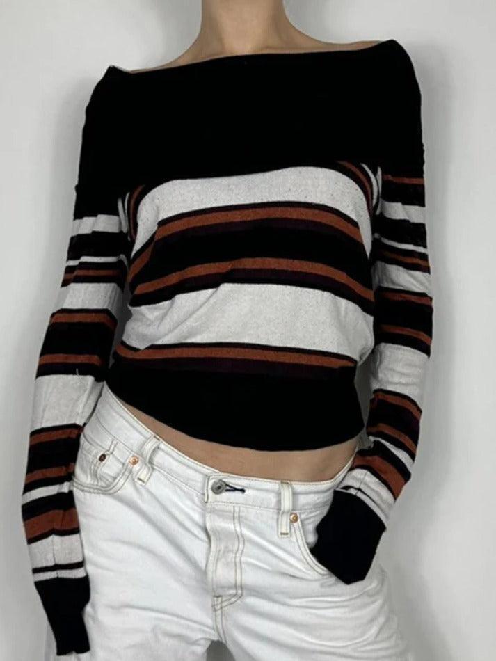 Aiertu  -Off Shoulder Striped Print Sweaters aiertu
