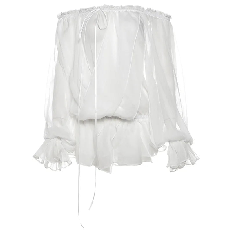 Aiertu  -  Off Shoulder See Through Long Sleeve T Shirt Women Sexy Mesh Lace Up Flare Sleeve White Loose Backless Club Hot Girl Top Aiertu