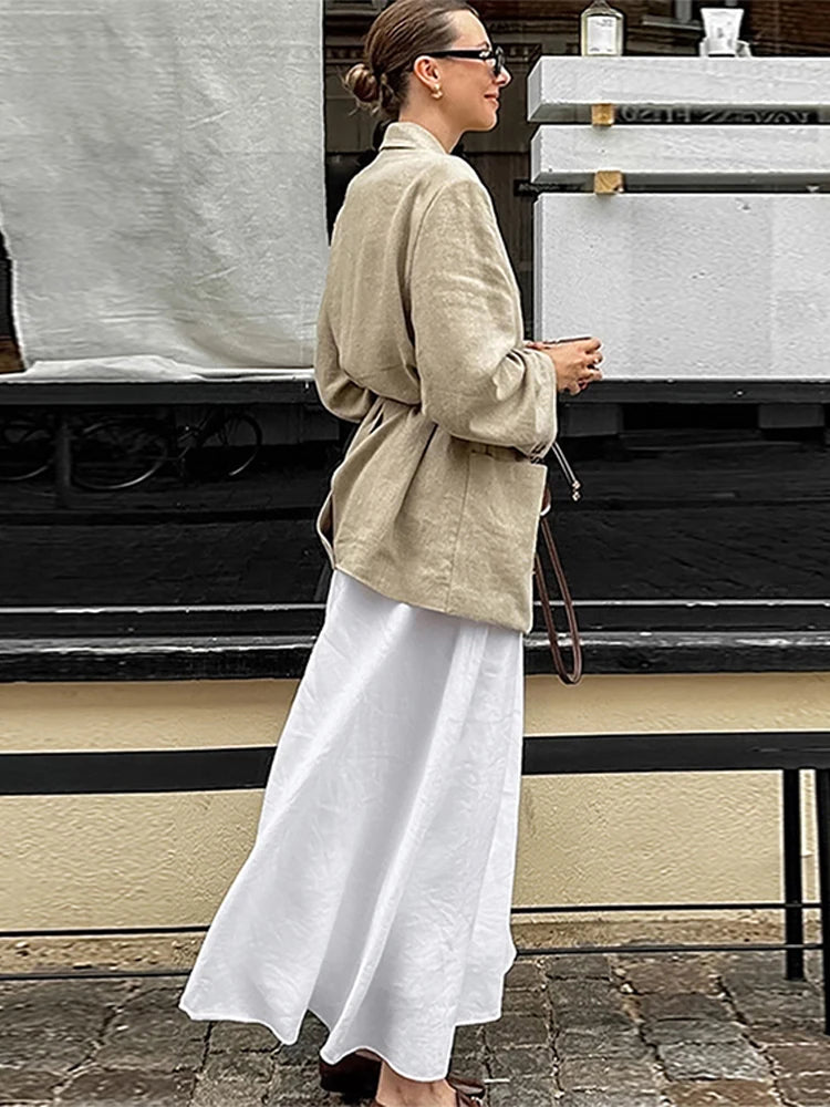 Aiertu  -  Solid Cotton Linen Elastic High Waist Maxi Skirt Elegant Ankle-length Pleated A-line Skirts Fashion Mid-calf Length Skirts Aiertu