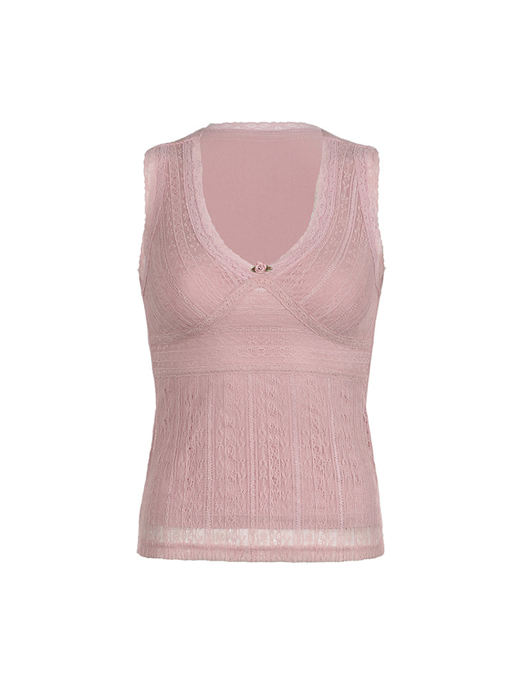 Aiertu - summer inspo Pink Sweet Slim Sleeveless V Neck Cute Y2K Lace Vest Top Women 2000s Kawaii Clothes Aiertu