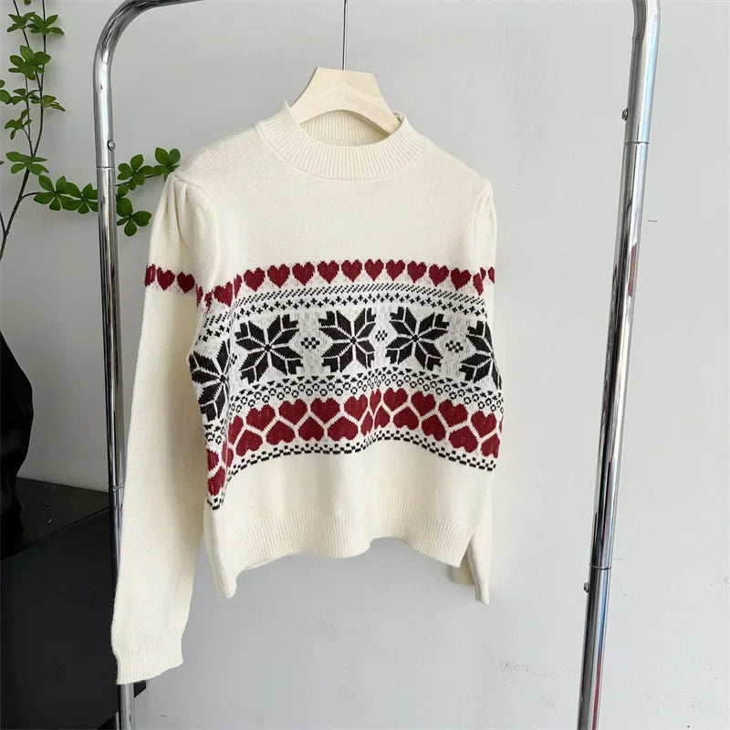 Aiertu  -  Vintage  Fair Isle Crew Neck Jumper Heart Pattern Knitted Pullovers Christmas Sweater Holiday Knitwear Autumn Women Outerwear Aiertu