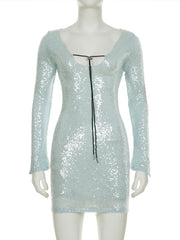 Aiertu  -  Clubwear Sexy Sparkle Glitter Sequined Bodycon Dress Party Dress Slim Solid Bandage Deep V-Neck Long Sleeve Mini Dresses Aiertu