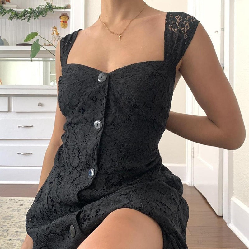 Aiertu - Lace Button Front Black Maxi Dress Aiertu