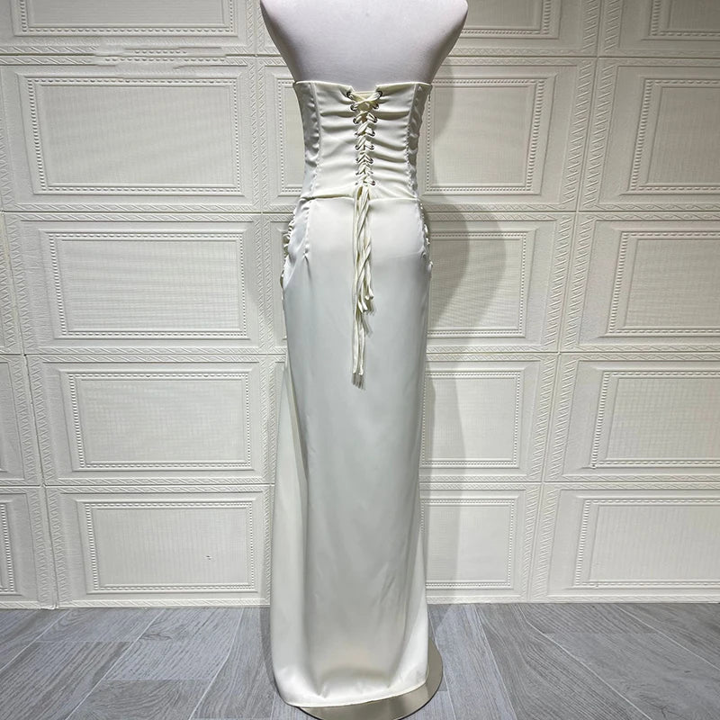 Aiertu  -  New Summer Date Party Slim Fit Long Dress Lace Patchwork High Waist Satin Dress Fashion Backless Bandage Split Women's Dresses Aiertu