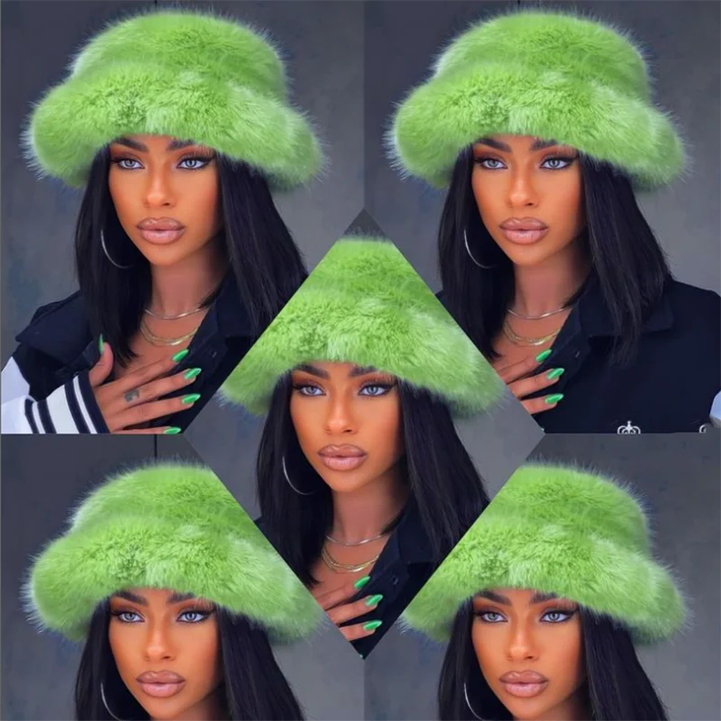 Aiertu  -  Autumn Winter Women Keep Warm Rainbow Faux Fox Fur Basin Cap Female Fashion Casual Party Bucket hat Music Festival Thickened Hat Aiertu