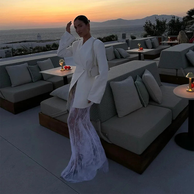 Aiertu  -  Chic Luxury White V Neck Suit Jacket Women Elegant Retract Waist Long Sleeves Office Coat Autumn Lady High Street Outerwear Aiertu