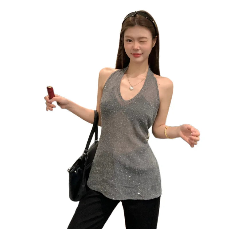 Aiertu  -   New Retro Style Summer Galaxy Shining Silk Thread Micro Transparent Strap Top V-neck Waist Strap Top Aiertu