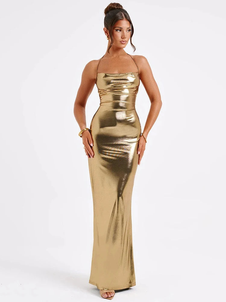Aiertu  -  Satin Backless Sexy Maxi Dress For Women Fashion Spaghetti Strap Solid Bodycon Long Dress Femme Club Party Long Dress Aiertu