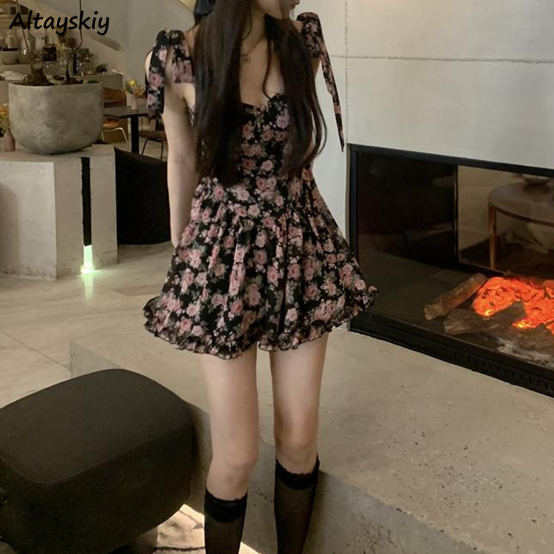 Aiertu Women Sleeveless Dresses Floral Above Knee Sweet Hot Trendy Slim Sexy Ruffles Kawaii Elegant Temperament Mujer Retro Bow Teens Aiertu
