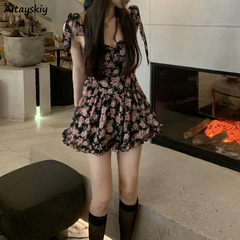 Aiertu Women Sleeveless Dresses Floral Above Knee Sweet Hot Trendy Slim Sexy Ruffles Kawaii Elegant Temperament Mujer Retro Bow Teens Aiertu