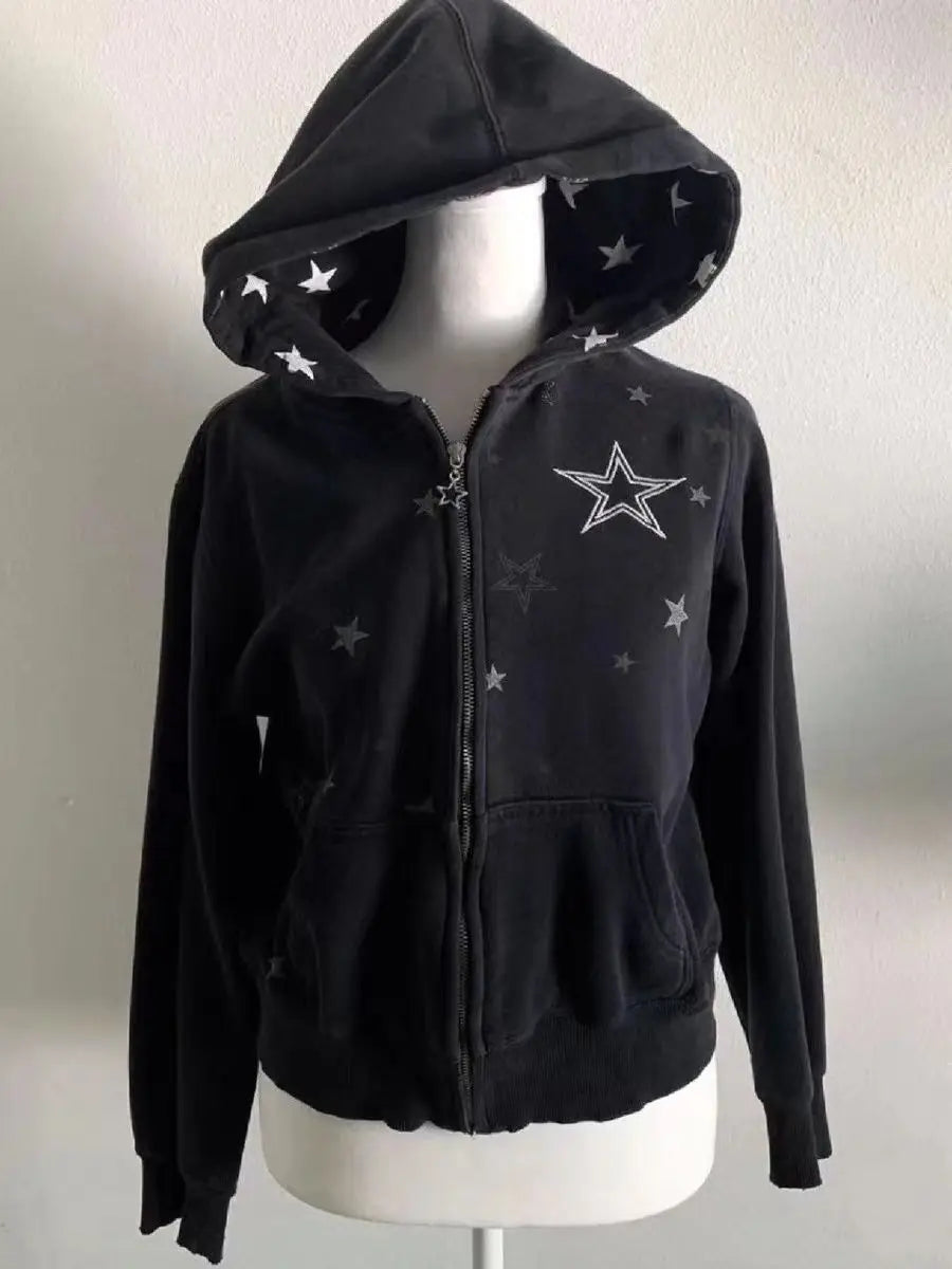 Aiertu  -  Harajuku Star Print Hoodies Women Casual Loose Hooded Sweatshirt Grunge Casual Y2k Aesthetic Vintage Streetwear Zip Up Hoodie Aiertu