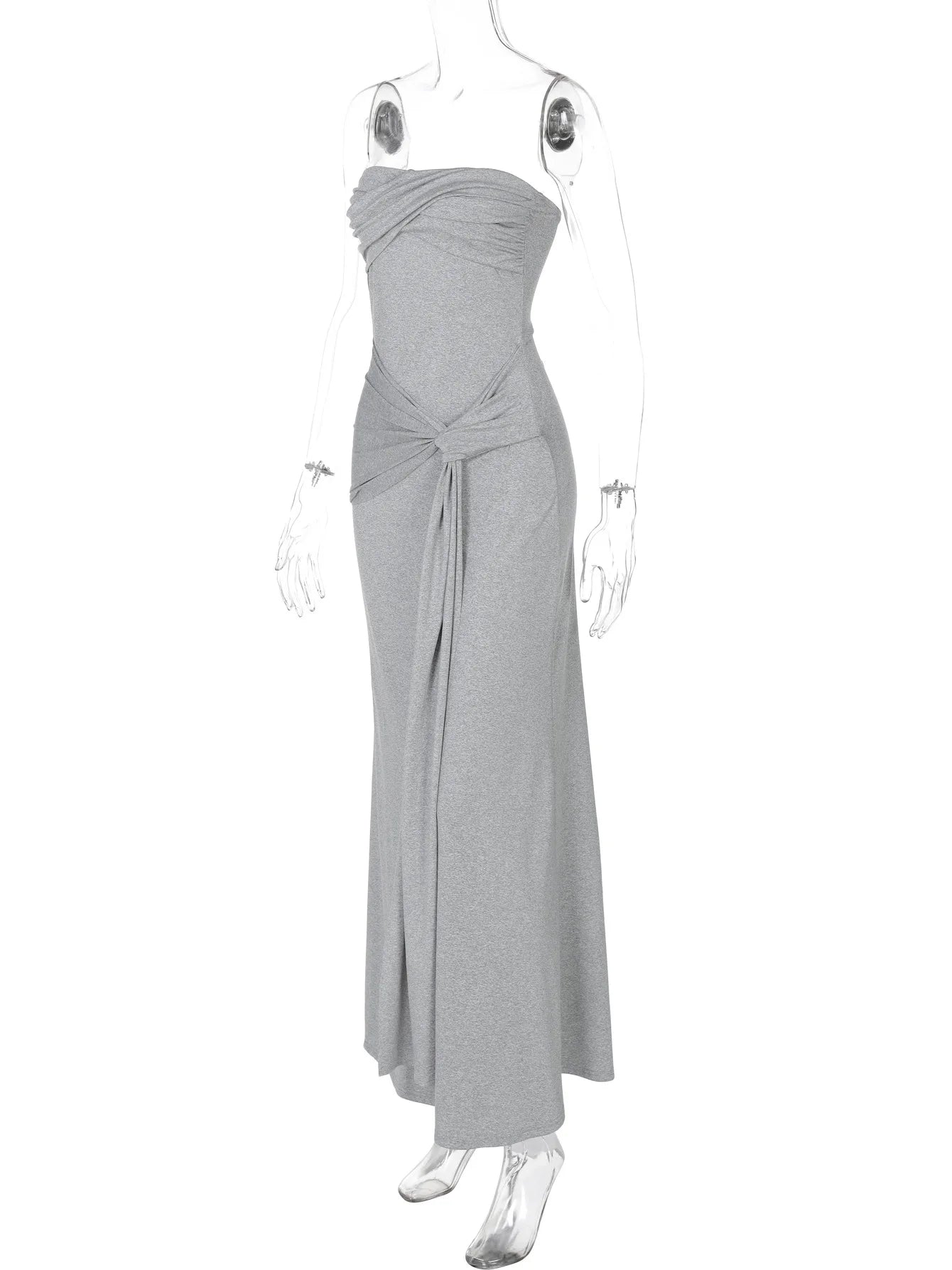 Aiertu  -  Summer Women Dress Solid Grey Sexy Strapless Slim Maxi Dress Fashion Pleated Twist Long Dress Party Evening Gown Robe Aiertu