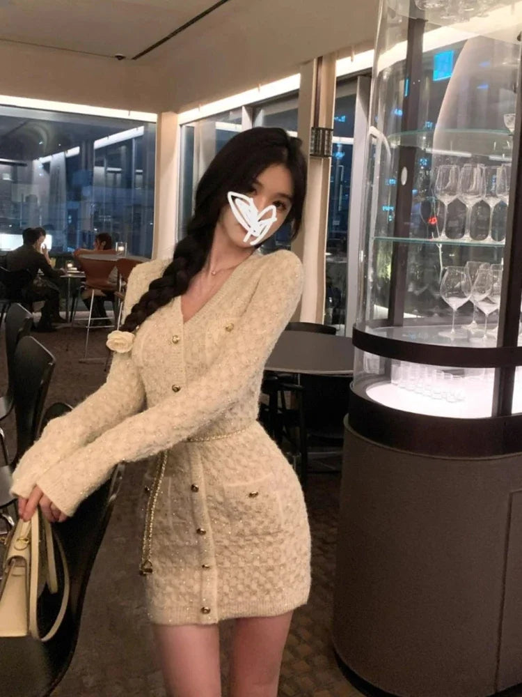 Aiertu DRESS TO IMPRESS French Elegant Slim Knitted Dress Short Party One Piece Dress Korean Fashion Winter Sexy Bodycon Y2k Mini Dress Woman Chic Aiertu