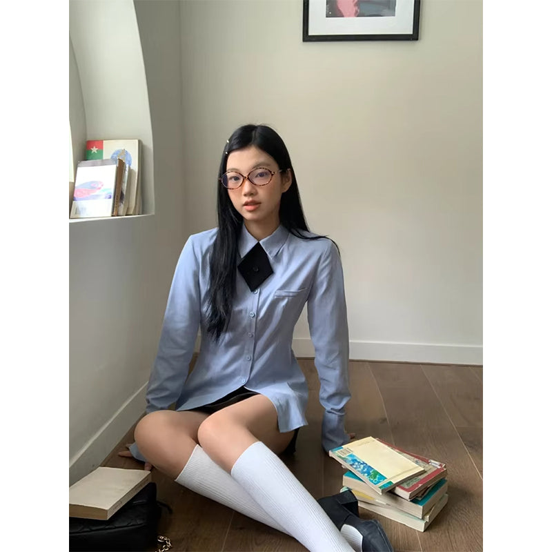 Aiertu Harajuku with Tie Shirts Women Japanese Preppy Blue Long Sleeve Blouses Spring Summer Korean Fashion Basic Slim Chic Tops Aiertu