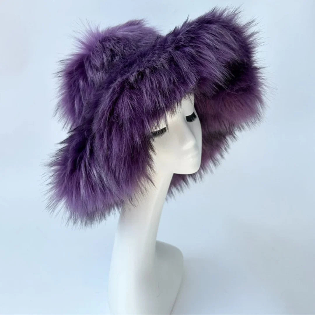Aiertu  -  Luxury Fluffy Women Faux Fur Bucket Hats Oversized 17cm Wide Brim Thicken Outdoor Warm Plush Punk Hat Girl Y2k Female Ski Panama Aiertu